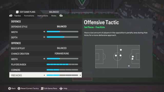 A custom tactic in EA FC 24 showing settings for a 4-2-31 formation.