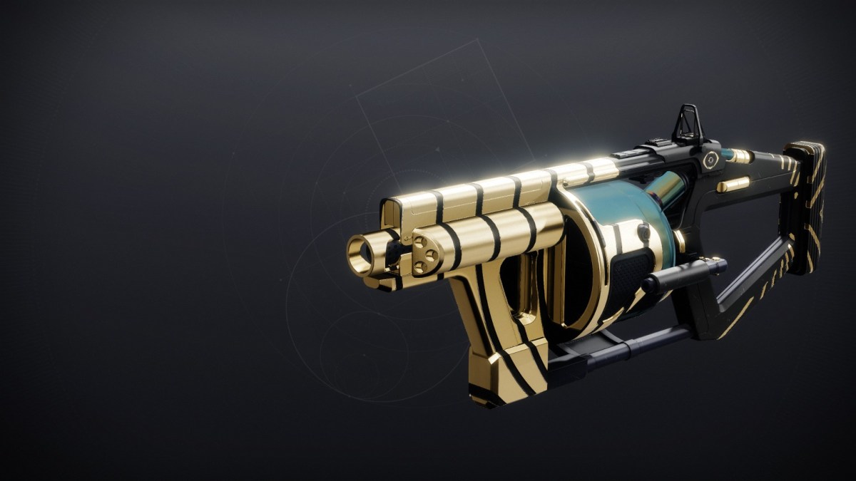 The Cataphract GL3 grenade launcher is displayed in Destiny 2's weapon inspect screen. The weapon is black and gold, with the Trials of Osiris logo plastered underneath its scope.