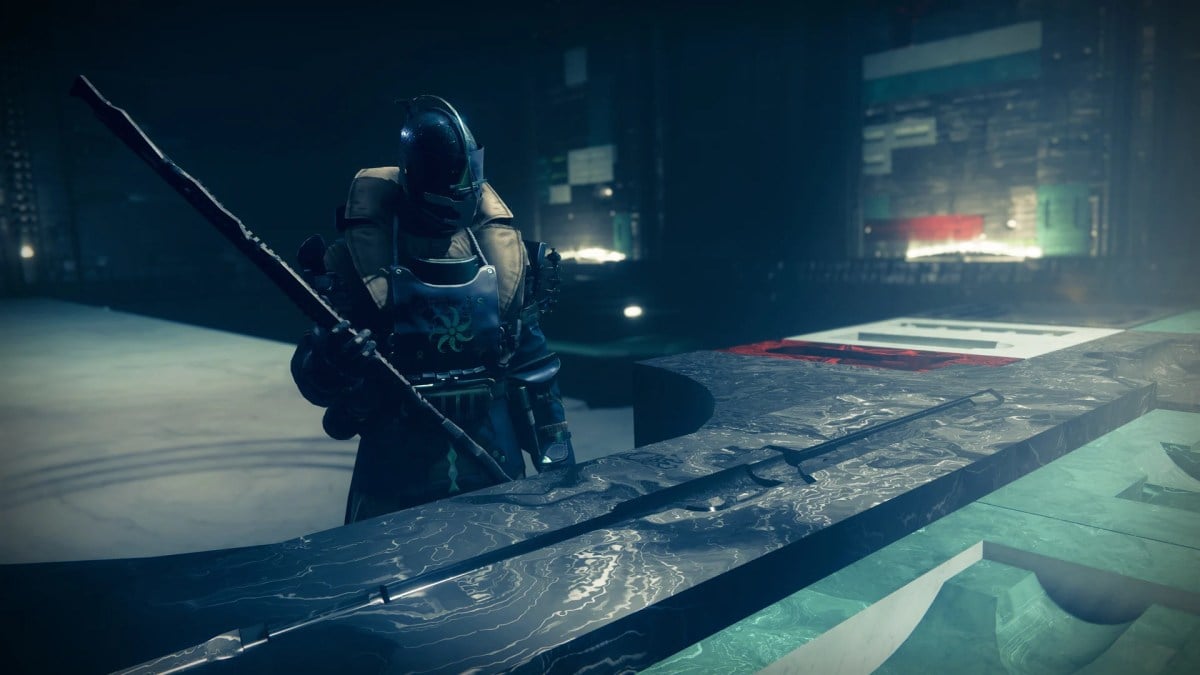A Guardian is standing in front of Destiny 2's Enclave station. They are holding a fragment of a metal pole in one hand.
