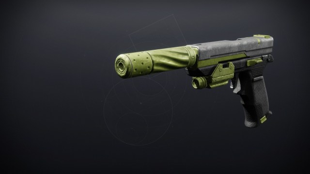 Destiny 2's Heliocentric QSc sidearm as shown in the weapon inspect screen. It has a light grey and pale green color scheme, with a supressor attached to the barrel.