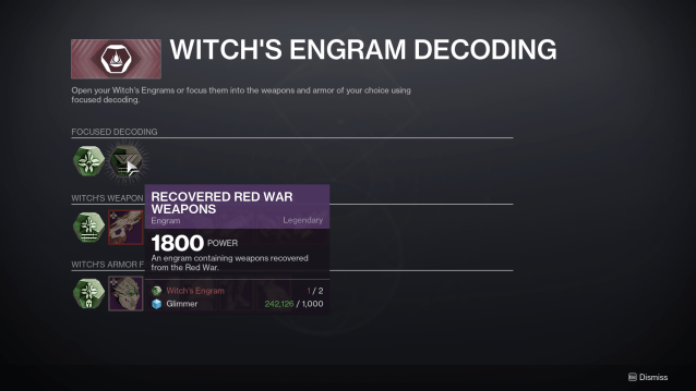 The Witch's Engram Decoding screen is open in Destiny 2, with the mouse cursor hovering over an option called 'Recovered Red War Weapons' which costs two Witch's Engrams to select.