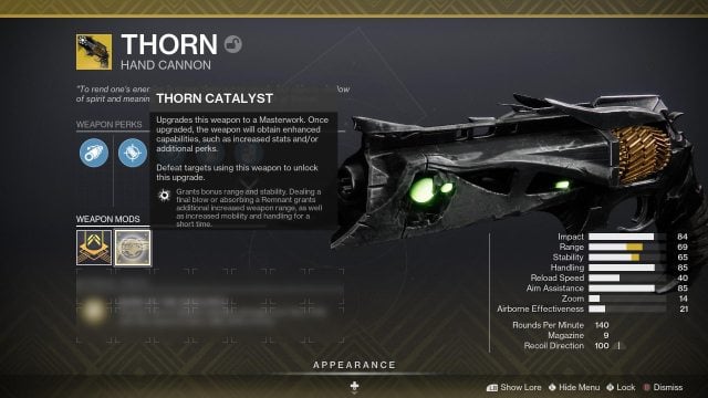A graphic showing the Thorn Exotic hand cannon with its catalyst installed. The catalyst details are being hovered over, where it explains that the catalyst is boosting the gun's range and stability.