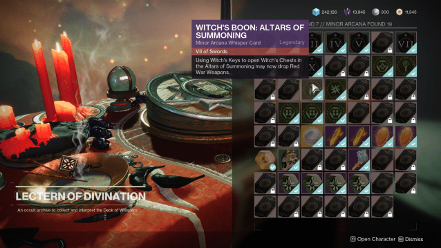 The Lectern of Divination's upgrade screen from Destiny 2 is shown. The mouse cursor is hovering over an upgrade called Witch's Boon: Altars of Summoning.