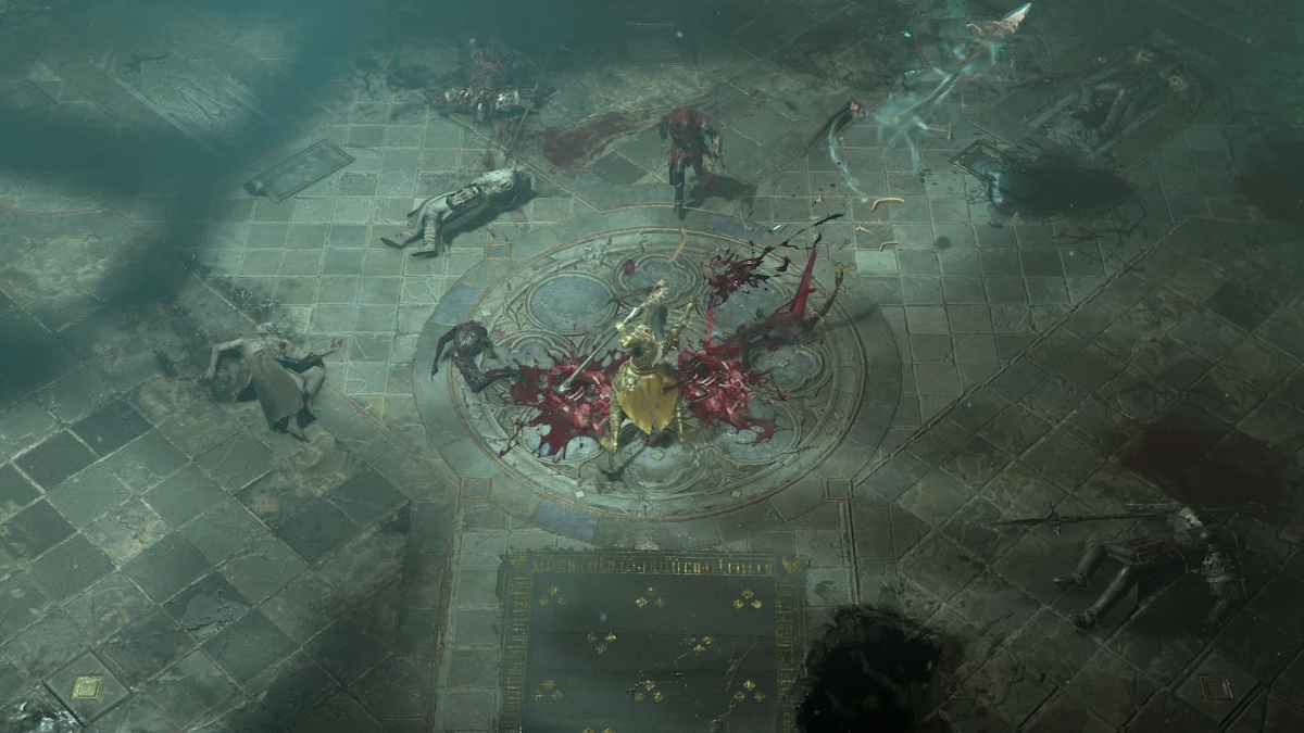 A Diablo character fighting several undead in a dungeon