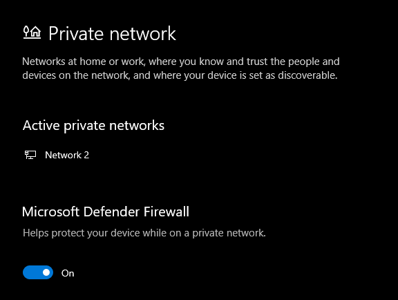 A screenshot of Windows' Private network settings. Microsoft Defender Firewall is on.