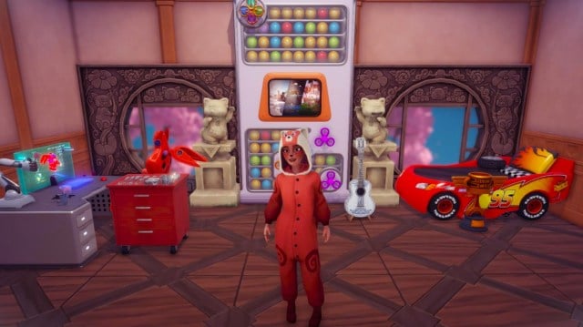 The player wearing a Turning Red panda suit in front of a ton of items for unreleased characters and Realms.