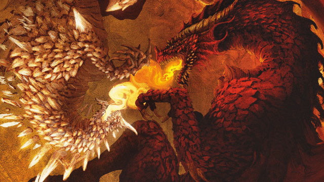 Two dragons breathe fire towards one another in DnD 5E.