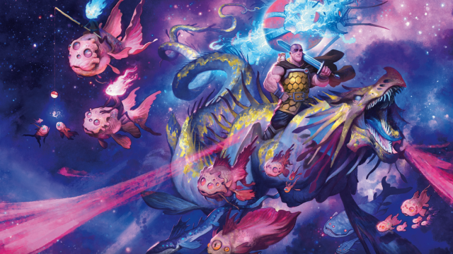 A bald man with yellow armor holding a glowing blue sword sits on the back of an astral dragon while surrounded by pink fish-like entities in space.