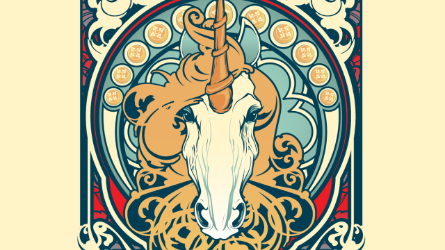 A unicorn is depicted in front of stained glass with a moon motif above it and flower motifs in the corners in this DnD 5E artwork.