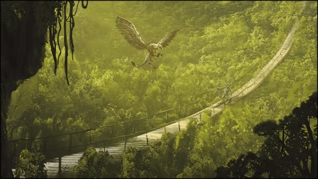 A large bird-like creature descends on a hanging rope bridge to attack a distant man above a forest in DnD 5E.