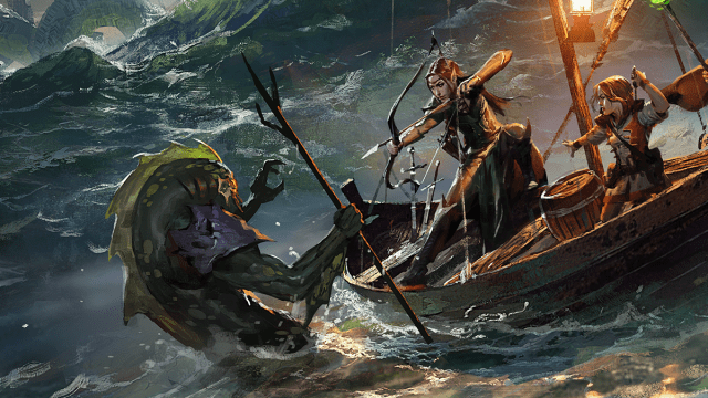 A female ranger with long hair and leather armor aims a longbow at an attacking fish person who is rising from stormy waters in DnD 5E.