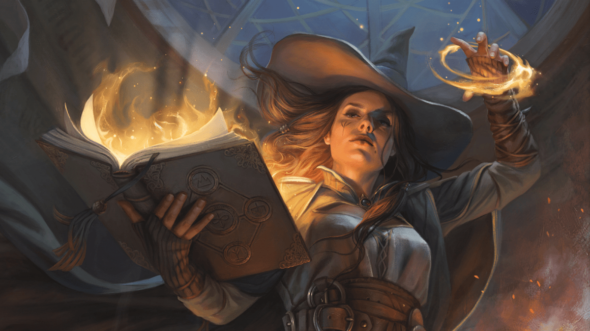 A woman with a pointed witch's hat holds a glowing, orange hand above a glowing orange book in DnD 5E.