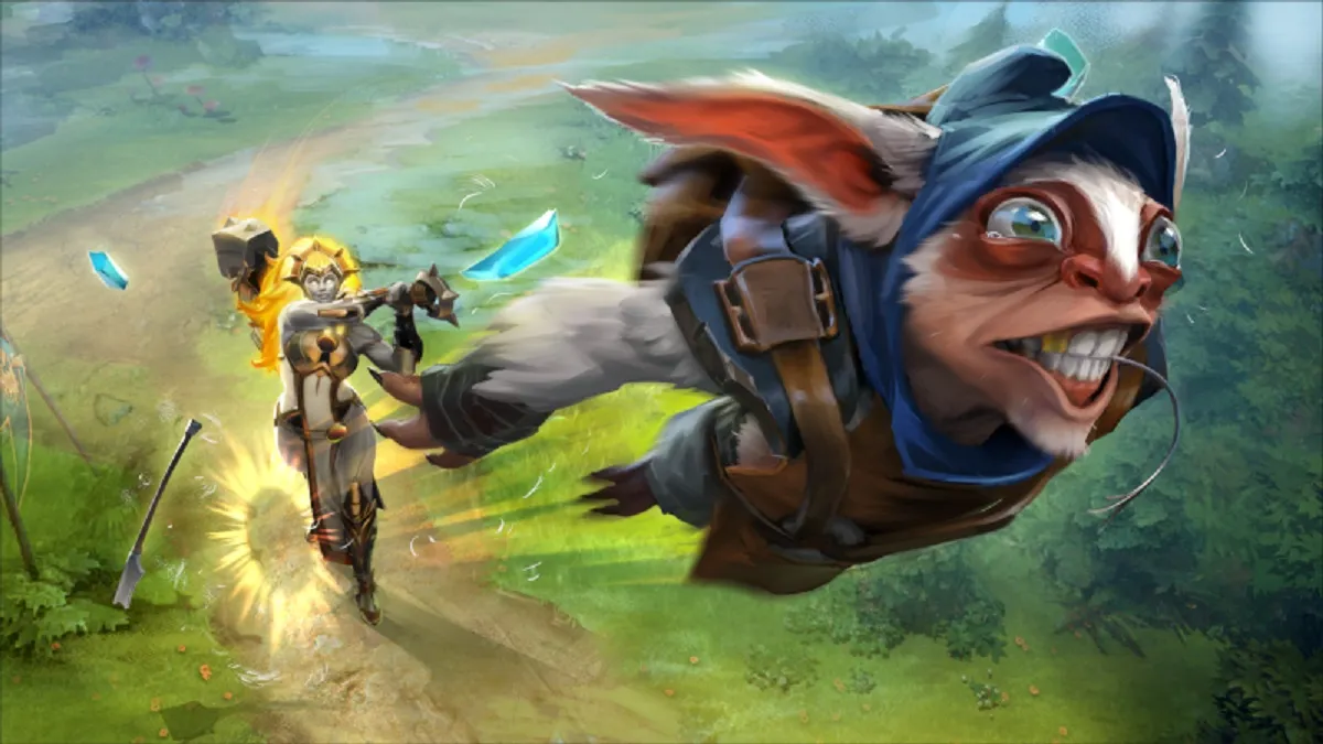 Dota 2 hero Dawnbreaker and Meepo battling it out in an official Valve artwork.