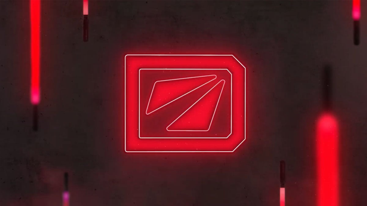 A glowing red logo in neon lights, representing DreamLeague, with some red artifacts floating around.