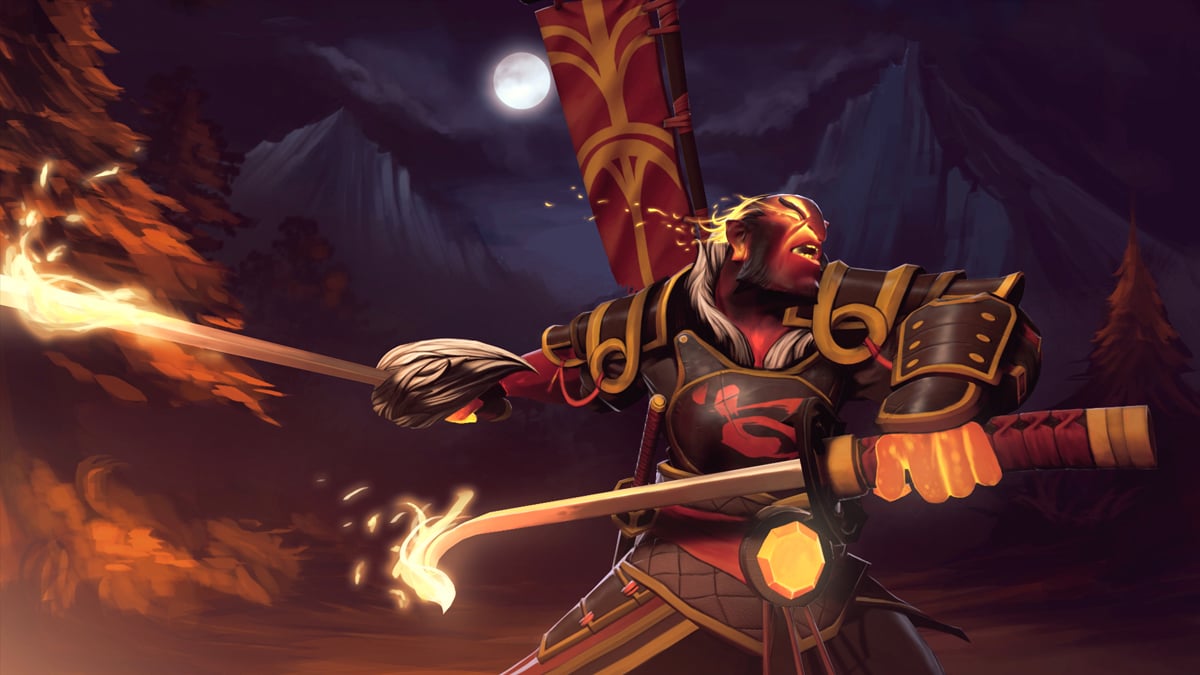 Ember Spirit, a samurai warrior, wielding swords of fire and a banner as the moon rises over mountains in the distance in Dota 2.