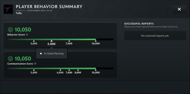 A screenshot of a player's Dota 2 behavior score, with the individual features disabled if a score is too low.