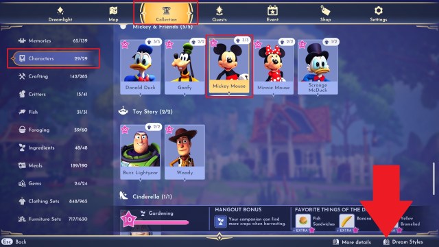 The characters page under collection with the Dream Styles button in the bottom right corner marked. 