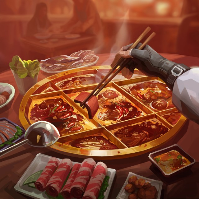 A hand is pictured holding chopsticks and reaching over a Chongqing-style hot pot.