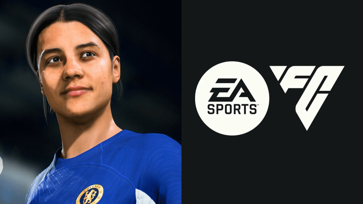 EA FC logo on a black background and Chelsea player Sam Kerr in a blue jersey.