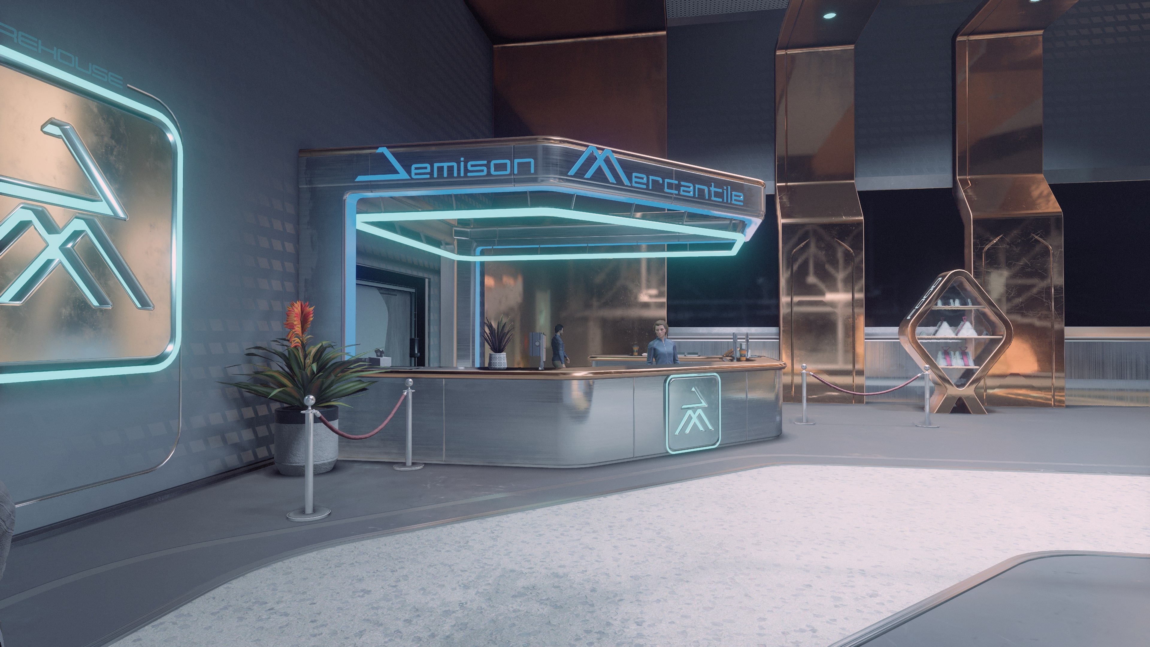 An in game image of the shop Jemison Mercantile from the sci fi game Starfield. 