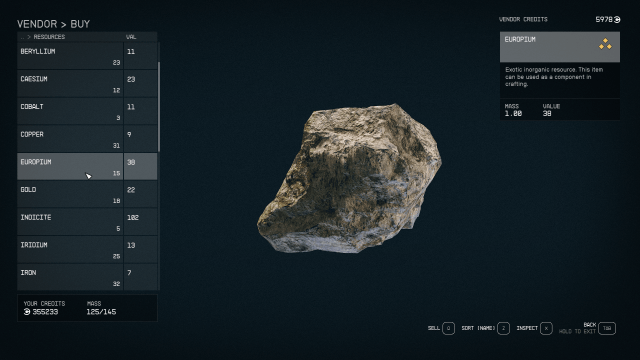 Image of the store menu in Starfield, showing a node of Europium.