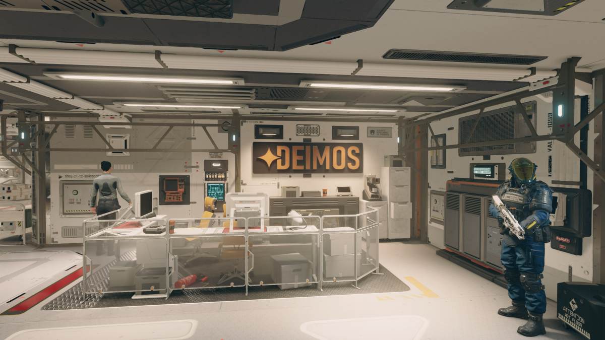 An in game screenshot of the Deimos Staryard interior in the game Starfield.