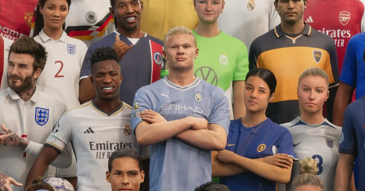A promotional image for EA FC 24 showing several players.