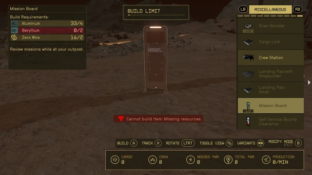 A Mission Board being built at a player Outpost in Starfield.