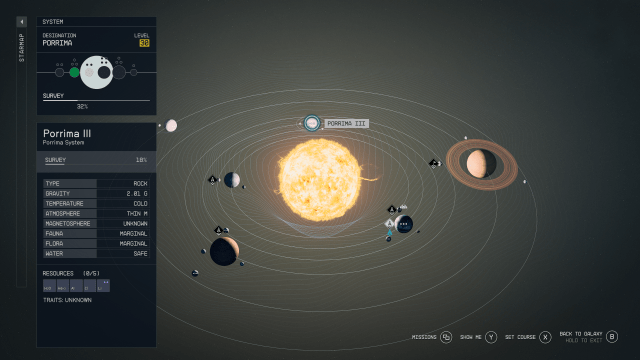 An in-game shot of the Porrima star system on the star map in the sci-fi game Starfield.