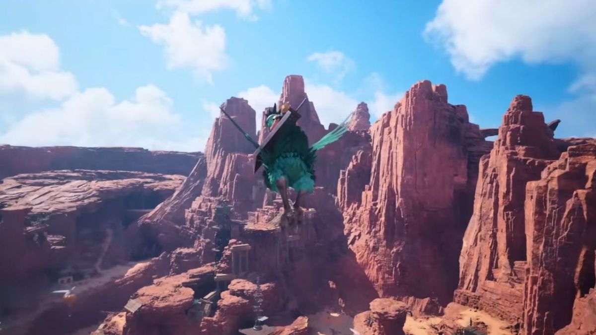 A man flying a green Chocobo around some rocky hills in FF7 Rebirth.