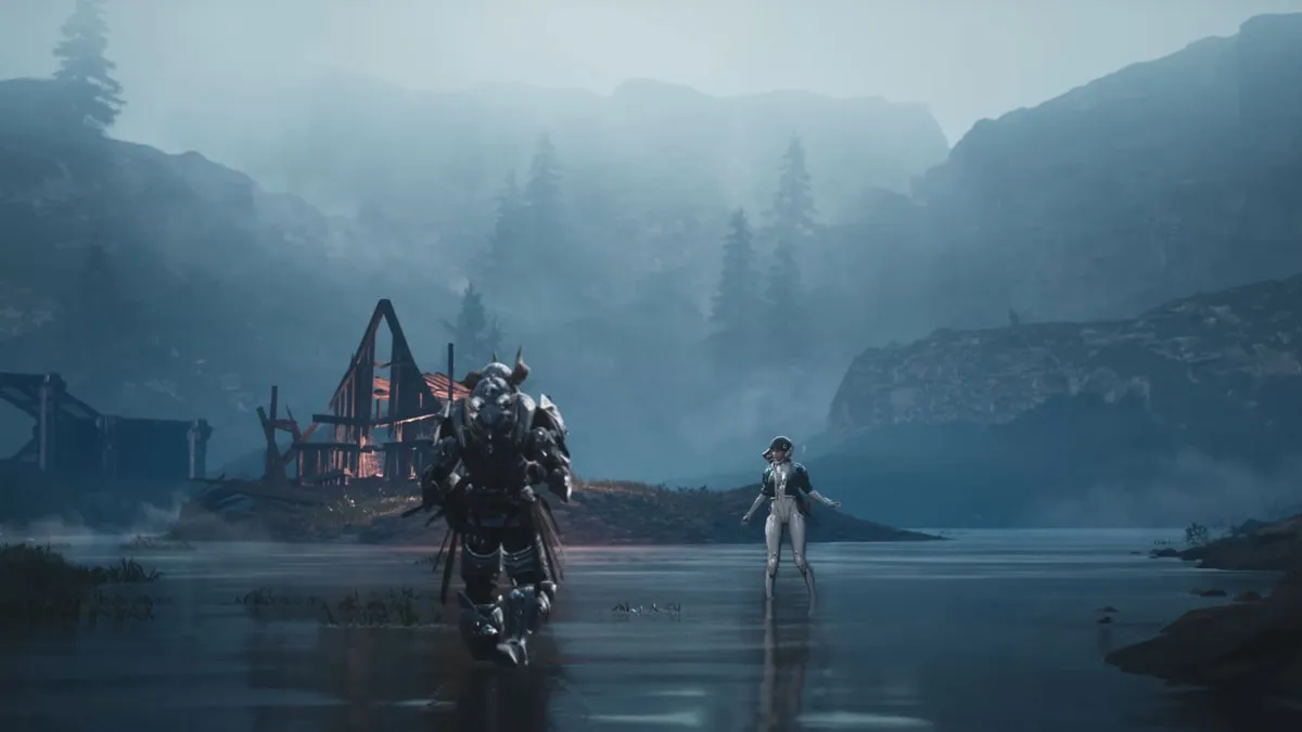 Two characters stand in a puddle in a misty clearing with a half-destroyed house in The First Descendants.