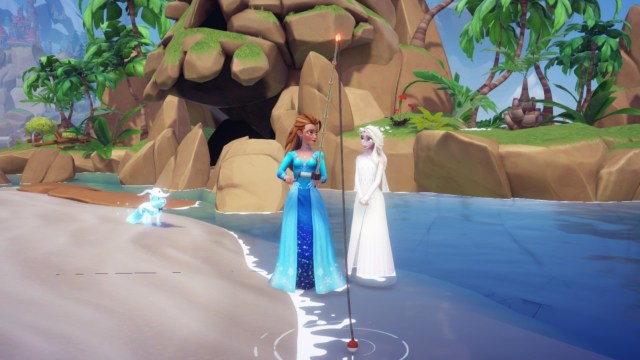 The player fishing on the beach with Elsa.