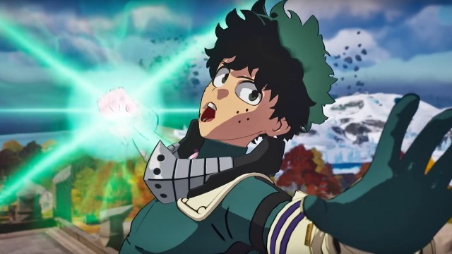 Deku using his Smash in Fortnite, wearing a green costume with white accents.