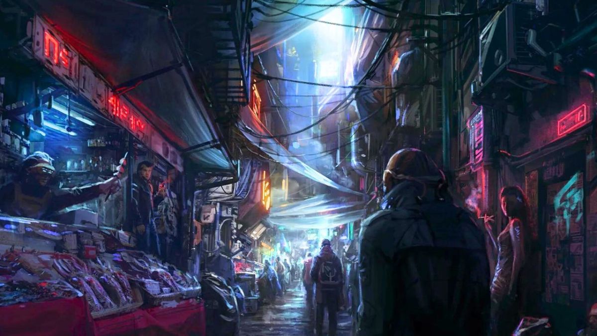 A neon lit alleyway filled with merchants in Starfield