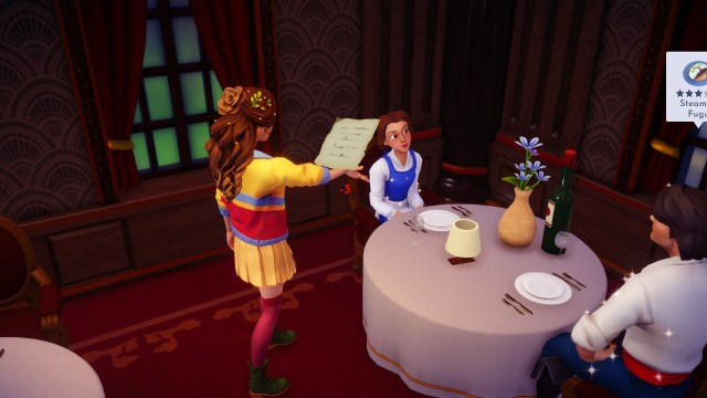 The player handing Belle the three pages. 