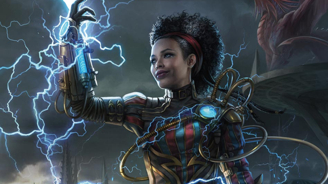 The cover of Guildmaster's Guide to Ravnica, a Dungeons & Dragons 5E book, showcasing a scientist conducting electricity into her gauntlets from a storm.