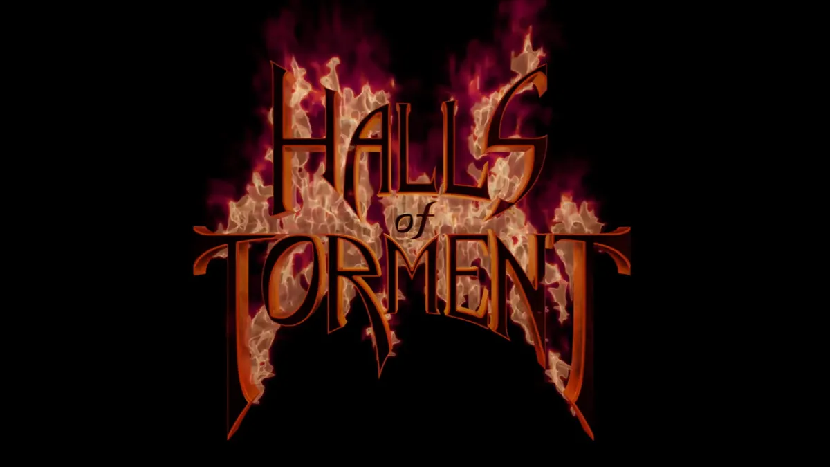 The Halls of Torment logo, lit ablaze in fire.
