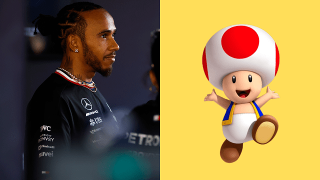 Lewis Hamilton side picture on the left and the image of Toad from Mario on the right