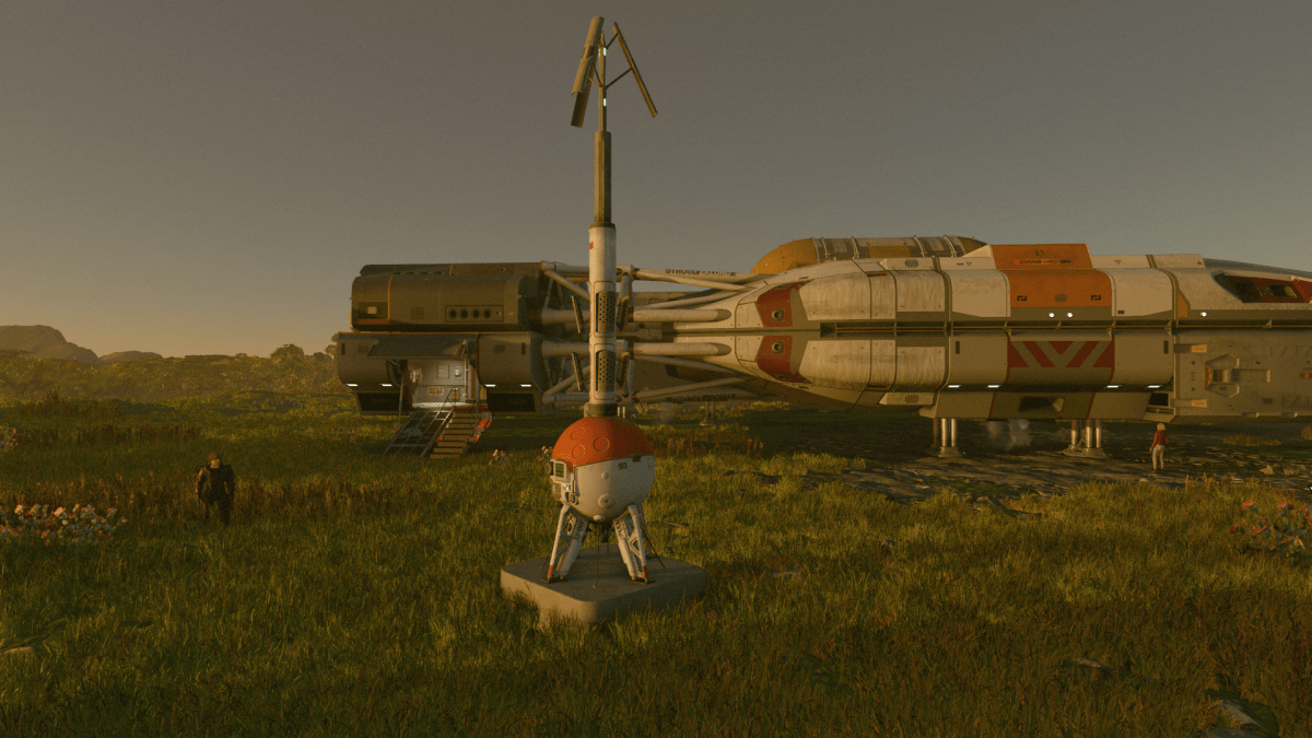 Image of an Outpost beacon on a grassy plain, just in front of a hulking space ship.