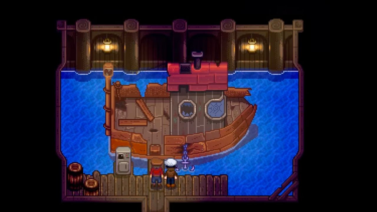 Two people staring at boat in Stardew Valley