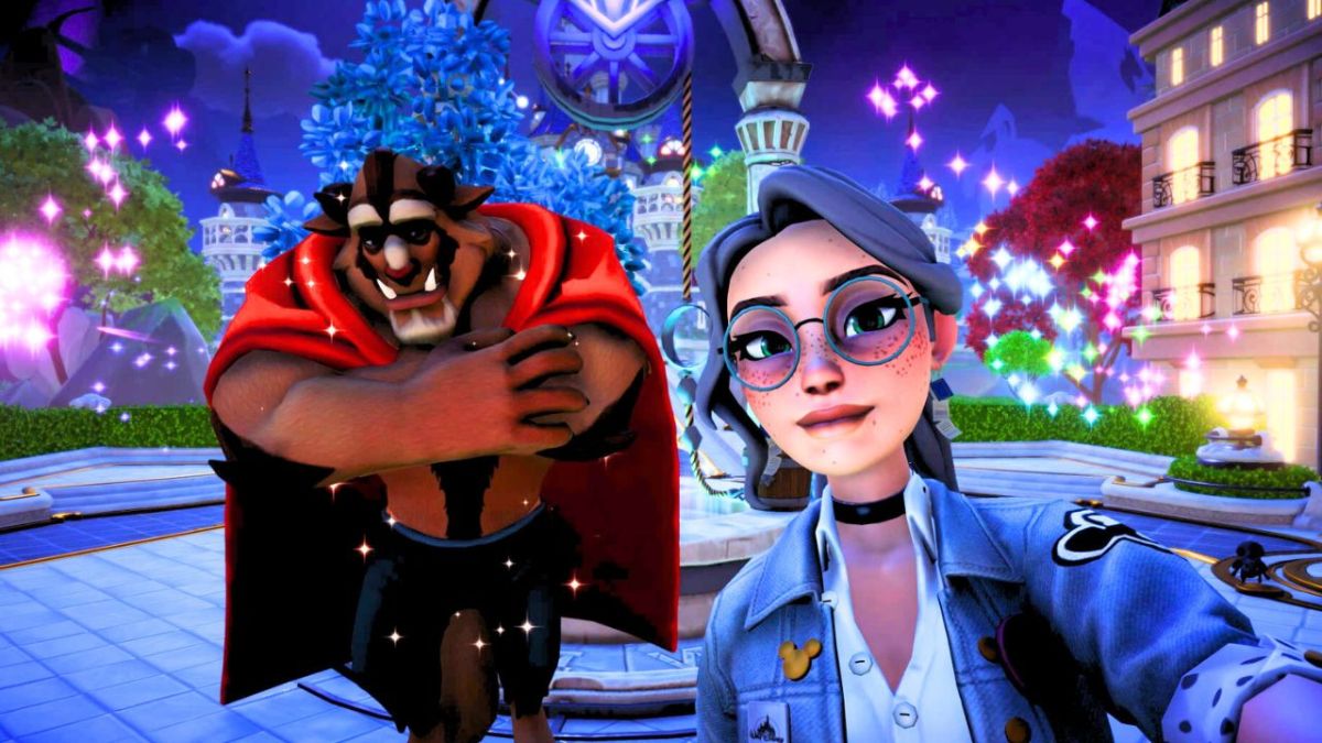 A woman holding a camera with the Beast in the background in Disney Dreamlight Valley