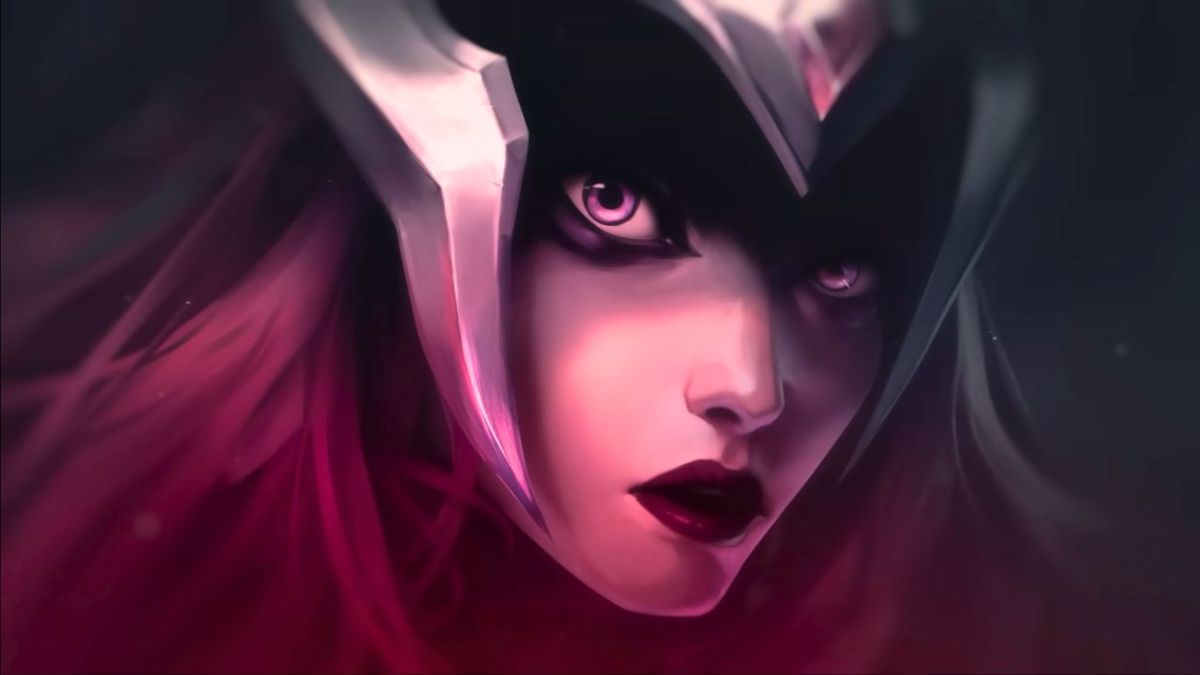 Woman with glowing eyes and red hair staring ahead in League of Legends