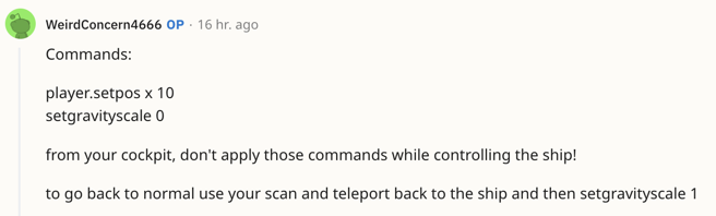 Screenshot of a Reddit comment detailing a console command for Starfield.