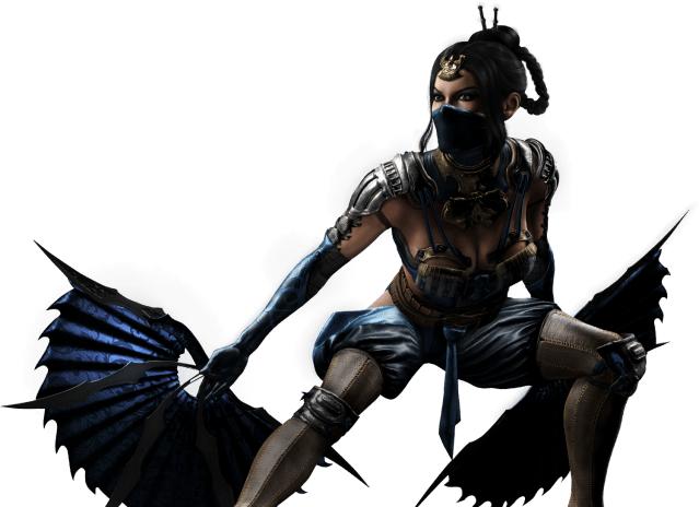 Mortal Kombat XL render featuring Kitana squatting and holding open fans. 