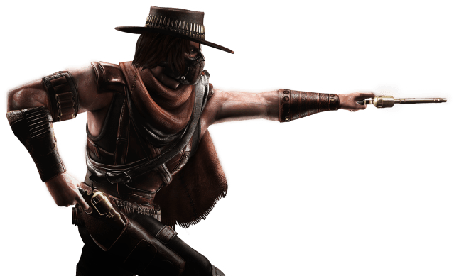 Mortal Kombat XL render of Erron Black pointing one gun and pulling another from its holster. 