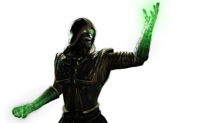Render of Ermac from Mortal Kombat XL showing him holding up a glowing hand. 