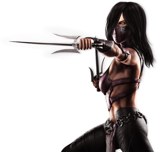 Mileena from Mortal Kombat XL combatively holding her tridents. 