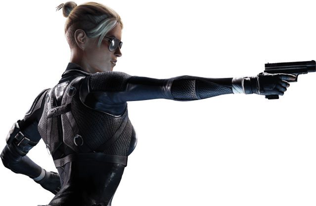An image of Cassie Cage from Mortal Kombat XL showing her pointing a gun. 
