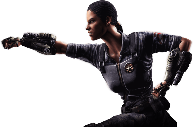 Render from Mortal Kombat XL showing Jacqui Briggs turned sideways and holding a combative stance. 