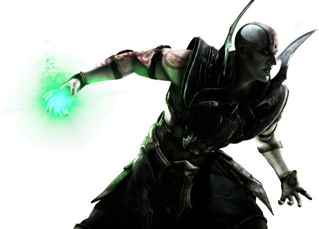 Mortal Kombat XL render showing Quan Chi combatively leaning and holding a green ball of energy. 